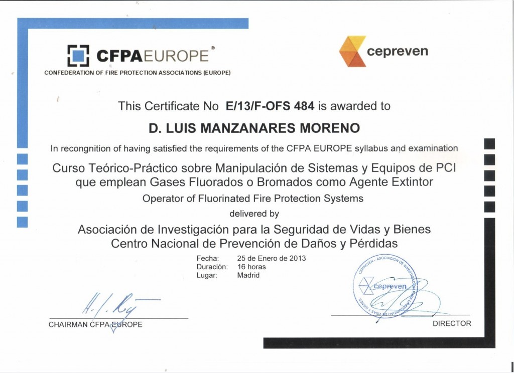 Certificado Gases Fluorados - Manzanares